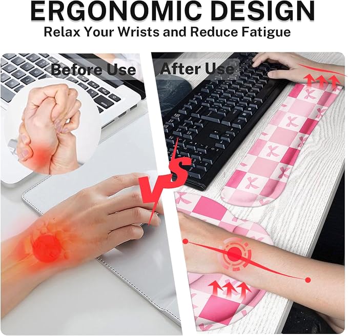 Arttown Keyboard Mouse Pad Set, 4 in 1 Desk Mat Set Kawaii Cute | Pink Checkered Bow Large Mousepad+Keyboard Wrist Rest+Mouse Wrist Rest+Coaster Ergonomic Design for Home Office Computer