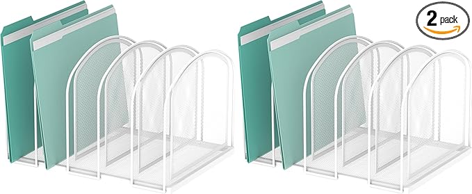 SUPEASY File Organizer 5-Section Mesh Desk Organizer, Upright File Organizer Desktop Organizer File Sorter, File Folder Holder for Office Supplies, White (Pack of 2)