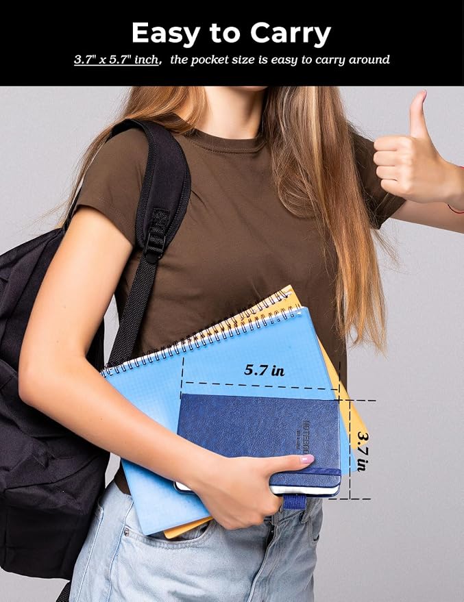 Pocket Notebook Small Notebook 2-Pack, 3.7" x 5.7" Pocket Notebooks Hardcover with Thick Lined Paper, Inner Pockets, Cover Letter Embossing Design Mini Journal Notepad Black+Navy