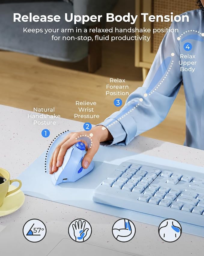 seenda MOU-302 Wireless Bluetooth Ergonomic Vertical Mouse with Volume Knob | Rechargeable 3-device mice for small/medium hands with quiet clicks, 1000/1600/2400 DPI for PC, laptop, MacBook, Light Blue