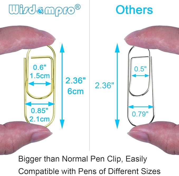 Wisdompro 12 Pack Paper Clip Pen Holder for Notebook, Journal, Gold | Stainless Steel, Large Paperclip Pencil Holder for Travelers Planner, Book, Binder, Clipboard, Bible, Fits Most Pen Sizes