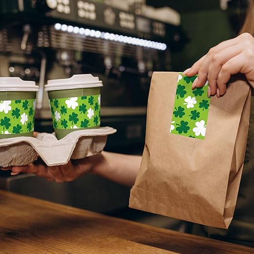 Whaline 109 Yard St Patrick's Day Packing Tapes Irish Luck Green White Shamrock Clover Pattern Decorative Tape Waterproof Gift Wrapping Tape for Small Business DIY Crafts Box Carton Decor