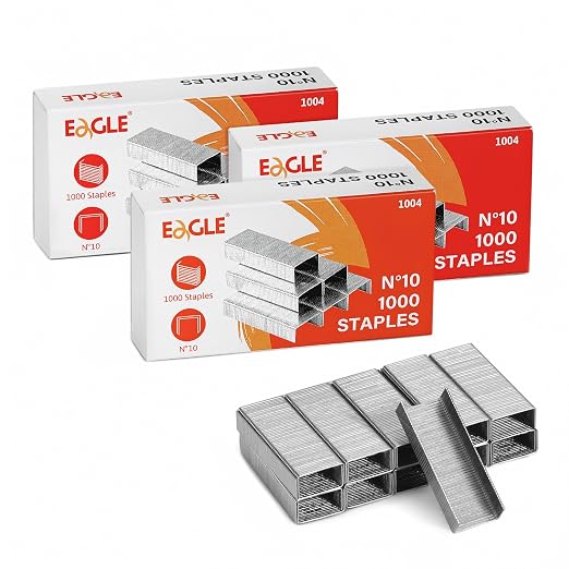 Eagle No. 10 Mini Staples for #10 Staplers, 3,000 Count | 3/16 in leg, steel wire, fastens 2-20 sheets; 3 boxes of 1,000, smaller than standard 1/4 in staples, silver
