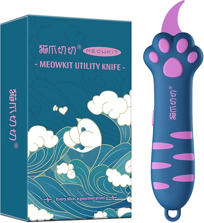 Cat Paw Box Cutter Retractable with Cat Paw Handle, Multifunctional Knife Set (Peacock blue)