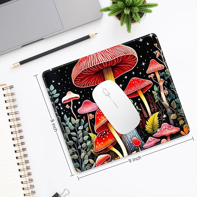 Mouse Pad, Minimalism Marble Style Computer Pad, Anti-Slip Rubber Mouse Mat with Stitched Edges for Gaming, Office, Laptop, PC, Women, 9" x 8" Thick 3 mm, Red Mushroom