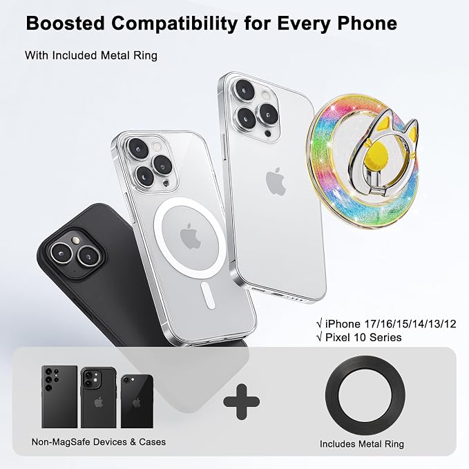 Magnetic Phone Ring Holder for MagSafe, [Flexible 360° Rotation] Magnet Finger Ring Grip Stand Holder, Fit for iPhone 16 15 14 13 12, Pro, Pro Max, Plus, Mag Safe Accessories, Yellow-Colorful