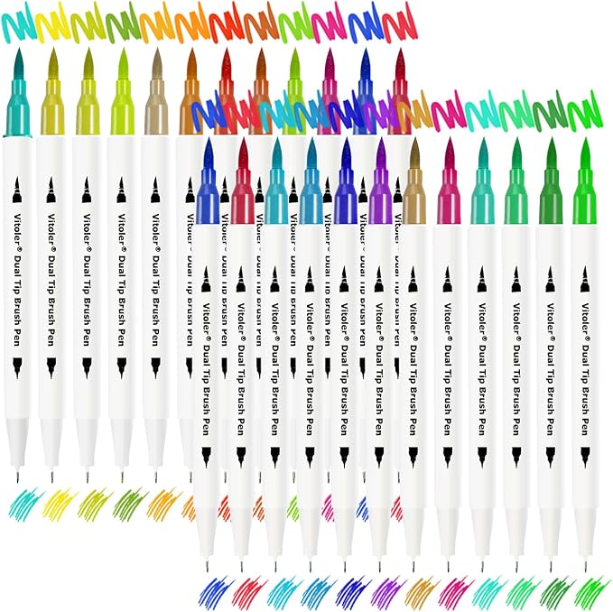Vitoler Colored Markers Highlighters Dual Tip Brush Pens,Fine Tip Markers & Fine Point Art Pens for Adult Coloring Drawing Planner Art Craft Supplies (24 Brush Pens Set)