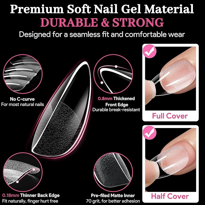 Medium Almond False Nail Tips, 15 Sizes 510 PCS Clear Soft Press On Fake Nail Pre-shaped Half Matte Full Cover Gel Nail Tips Extensions Strong Thick Long Lasting for DIY Beginners& Salon Manicure