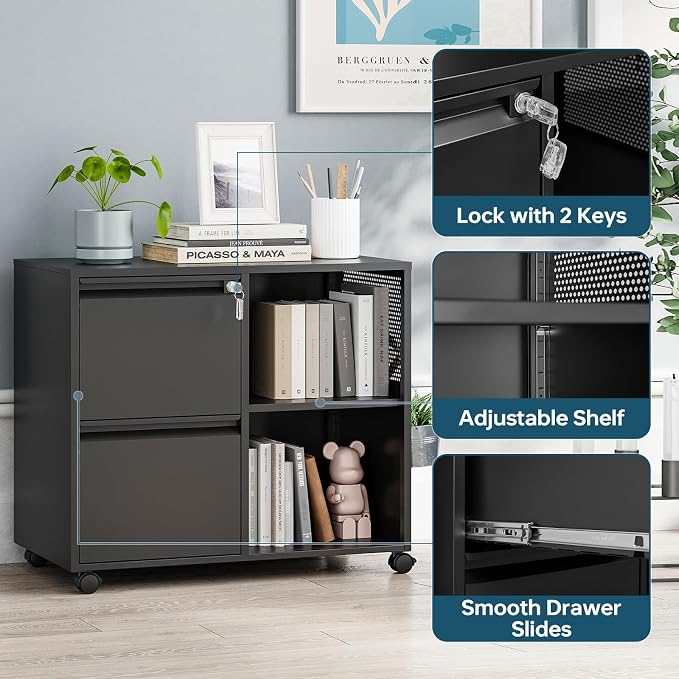 MIIIKO 2 Drawer File Cabinet with Lock, Metal Lateral Rolling Printer Stand Filing Cabinets with Drawers for Home Office,A4, Letter Size File Folders(Black)