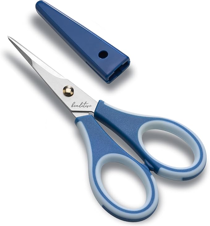 Precision Craft Scissors - Ultra Sharp Stainless Steel Blades & Non-Slip TPR Handles - Adult & Kid Scrapbooking Scissors With Safety Cap For Home, Office, School (Blue)