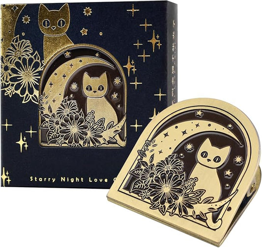 Dizdkizd Cute Metal Binder Clips, Journal & Planner Page Clamps | Vintage Brass Finish Cat & Moon Design Page Holders, Fits A5 & A6, Ideal for Traveler's Notebook, Small Decorative Book Clamp