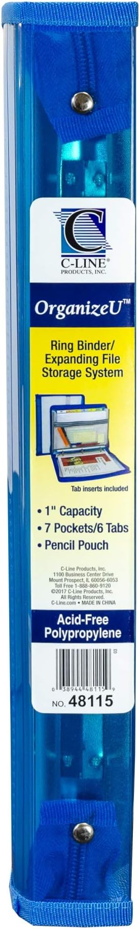 C-Line Zippered Binder with Expanding File, 2" Expansion, 7 Sections, Zipper Closure, 1/6-Cut Tabs, Letter Size, Bright Blue