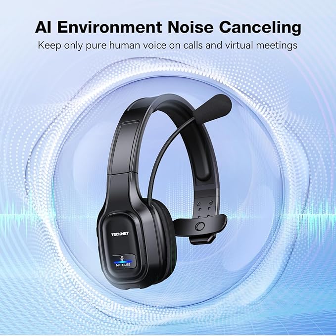 TECKNET Trucker Bluetooth Headset, Trucker Bluetooth Headphones with Microphone AI Noise Canceling Wireless On Ear Headset, Hands Free Wireless Headset for Cell Phone Computer Office Home bright black