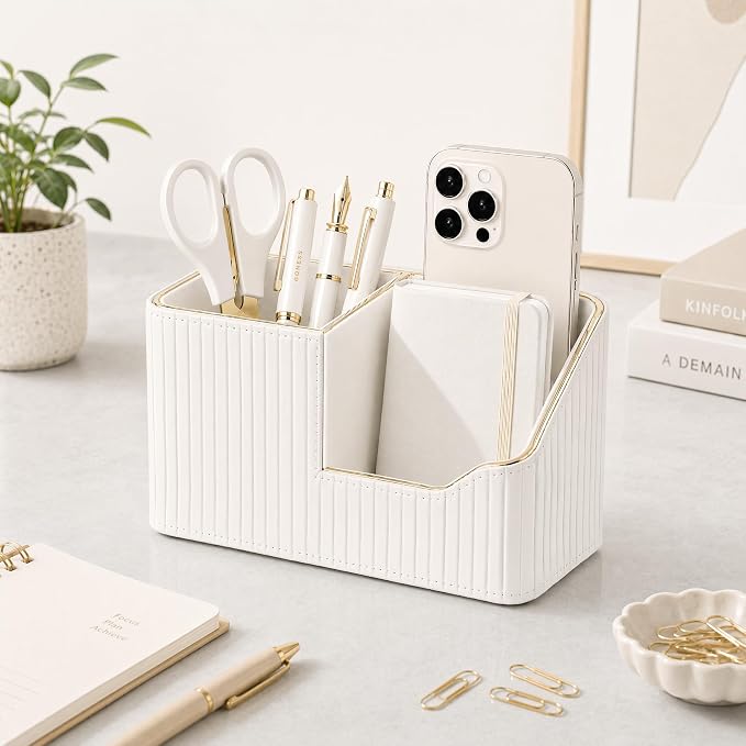 Luxury PU Leather Desk Organizer for Office Accessories, Aesthetic Pen Holder for Desk, Modern Desktop Storage Organizer for Home Office Supplies Cream White with Gold Trim