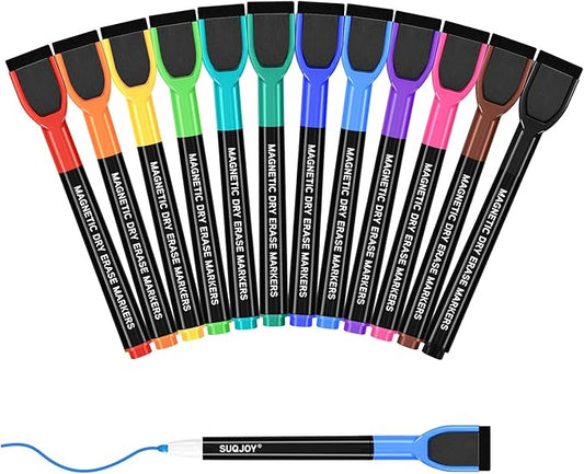 Magnetic Dry Erase Markers with Eraser Caps, 1-2mm Bullet Tip, Low Odor Quick Dry Ink, 12 Colors, Whiteboard Marker Set for Fridge Calendar Office, 12 Count