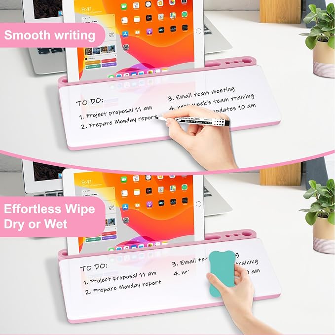 Desktop Glass Whiteboard with Storage, Desk Dry Erase White Board Pink | Computer Keyboard Stand, Office Desk Organizers and Accessories with Drawer, To Do Memo Notepad, Home School Supplies