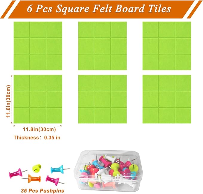 Large Square Felt Cork Board Tiles, Self Adhesive DIY Felt Bulletin Board with 35 Pushpins for Office School Home Wall Decor Stickers Memos (Bright Green)