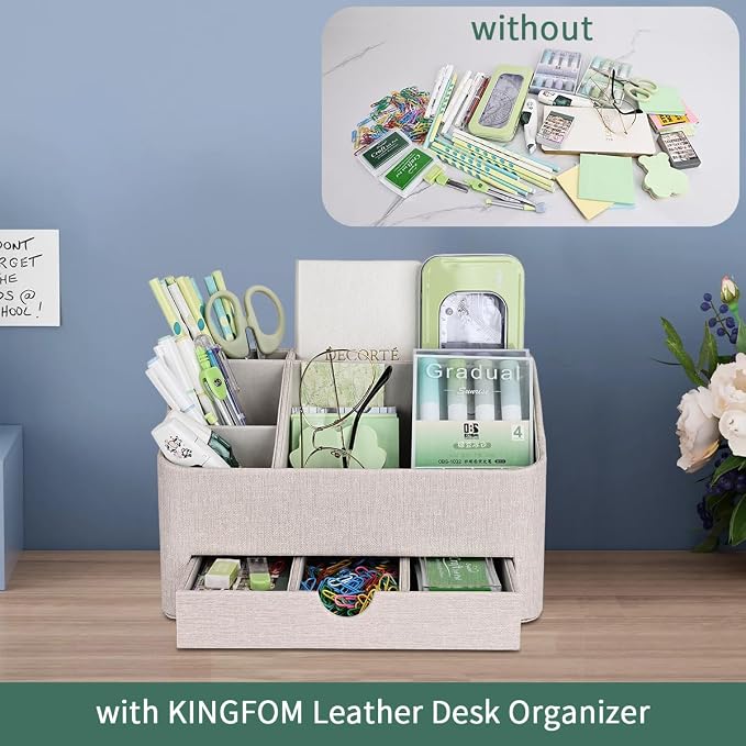 PU Leather Desk Organizer with Drawer, 5 Compartments Desktop Storage Caddy for Office & Home Supplies, Pen Holder for Remote Control, Phone & Accessories, Mail Organizer Countertop(Beige)