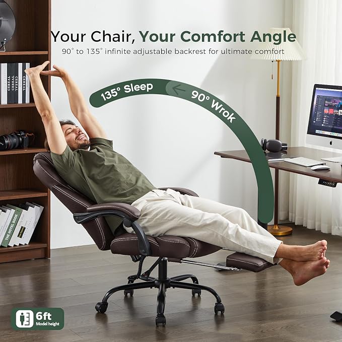 amseatec Big and Tall Office Chair with Footrest, Lumbar Support, Brown | Ergonomic Leather High Back, Infinite Lock Reclining 90°-135°, 20 Spring Packs, 300lbs Capacity, Executive Desk Chair