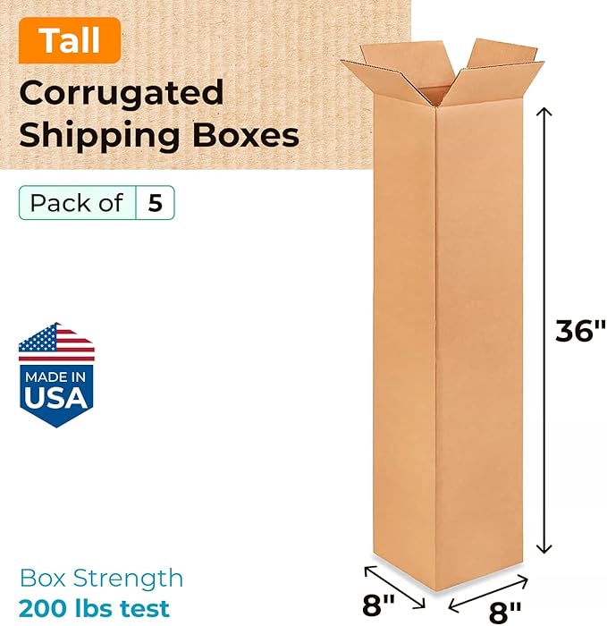 Tall Moving & Shipping Boxes 8 x 8 x 36 inches (5-Pack) - Extra Strength 200 lb vs Regular - USA-Made Corrugated Packing Boxes for Delivery - Packaging Box for Shipping by IDL Packaging -