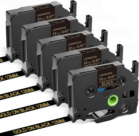 Replacement for Brother Label Maker Tape Gold on Black 12mm 0.47" P Touch Label Tape Gold TZe-334 TZe334, Compatible with Brother Label Maker PT-D220 PT-H110 PT-D210 PT-D400 PT-P710BT PT-D200, 5-Pack