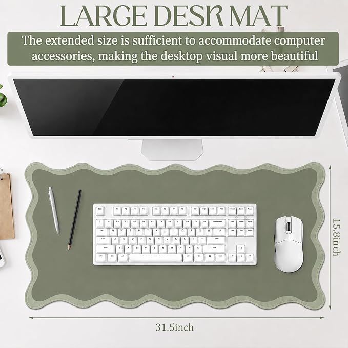 Hahafelt Scalloped Desk Mat Waterproof,Sage Green,31.5 X 15.8 Inches | Coquette Preppy Style for School Office Makeup Vanity, Nonslip Gaming Desktop Protector with Scalloped Stitched Edge Mat