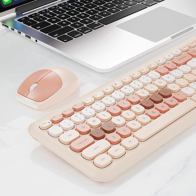 Nowlike Wireless Keyboard and Mouse Combo, Retro Typewriter Keyboard with Round Keycaps, Full-Size Ergonomic, Brown, Ideal for Windows PC, Home, Office, and College, Wireless Keyboard Mouse Combo