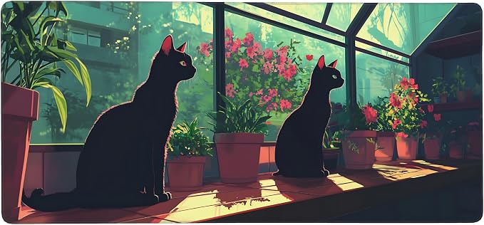 Cute Anime Black Cat Gaming Mouse Pad, Forest Green Anime Desk Mat with Anti-Slip Base & Stitched Edges,35.4" x 15.7" in Desk Accessories for Women, Home Office Decor & Artistic Gift