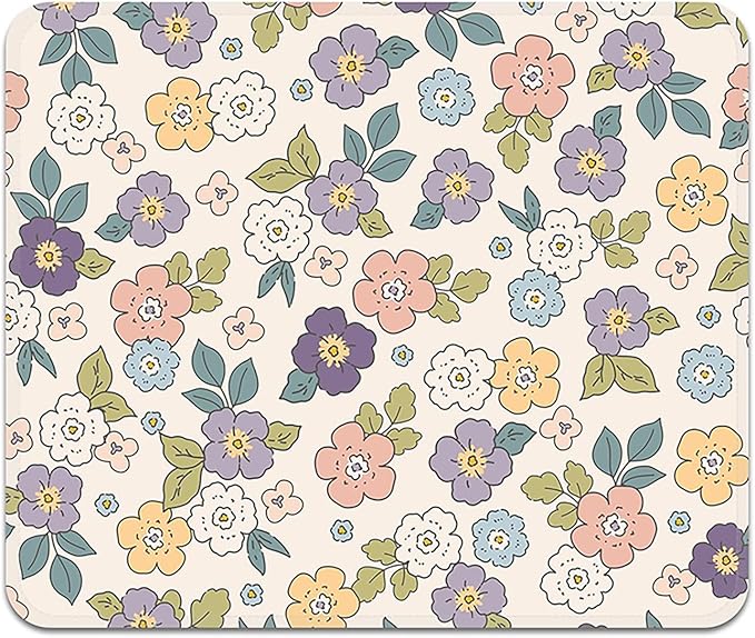 Mouse Pad with Stitched Edges - Cartoon Floral Mousepad for Women, 9.25 x 7.75 inch Washable Square Desk Pad, Non-Slip Rubber Base, Office Home Laptop Accessories - Cartoon Florals