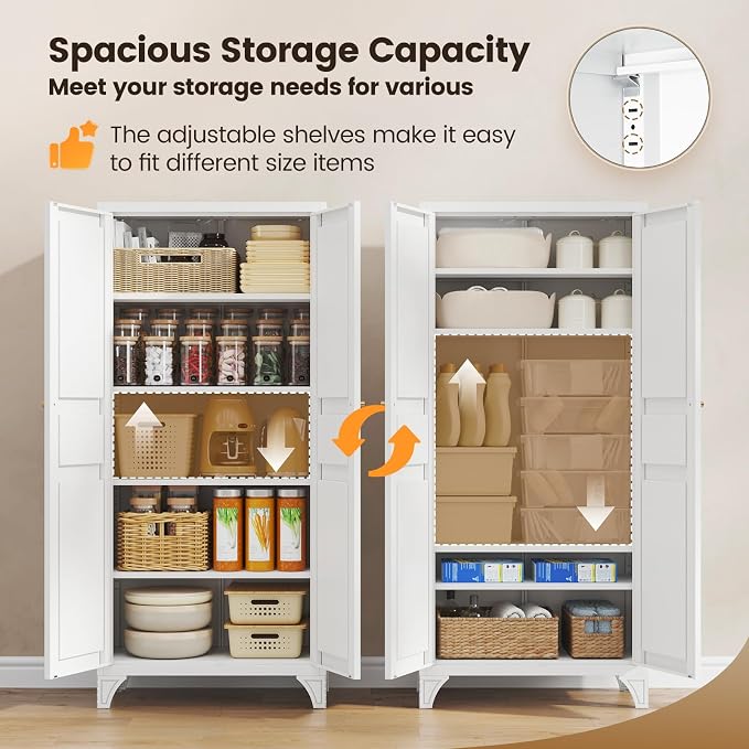 Metal Storage Cabinet with 2 Doors and Adjustable Shelves - 61" White Kitchen Pantry Storage Tall Steel Cabinets Locker for Kitchen, Living Room, Dining Room
