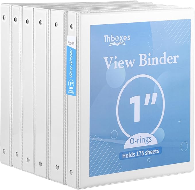 3 Ring Binder, 6 Pack 1 Inch Binder with 2 Interior Pockets & Clear View Overlay, Large Capacity, 1 Inch Binders 3 Ring, Round Ring Binders for Office, School, Home (White)