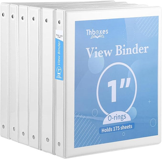 3 Ring Binder, 6 Pack 1 Inch Binder with 2 Interior Pockets & Clear View Overlay, Large Capacity, 1 Inch Binders 3 Ring, Round Ring Binders for Office, School, Home (White)