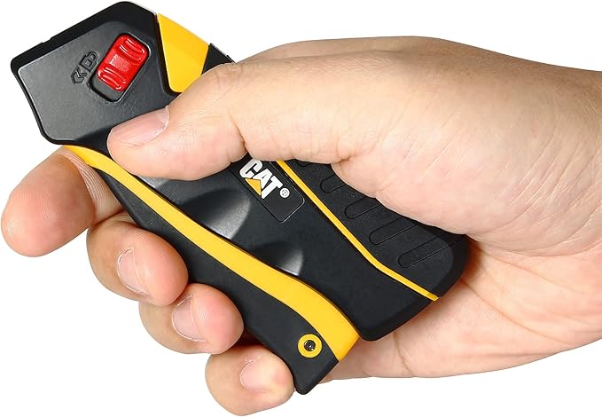 Cat Safety Utility Knife Box Cutter Self-Retracting, Squeeze Handle to Extend, Release to Retract, Lock Open w/Switch, Ergo Handle w/ 3 Safety-Tip Blades That Store Inside - 240071