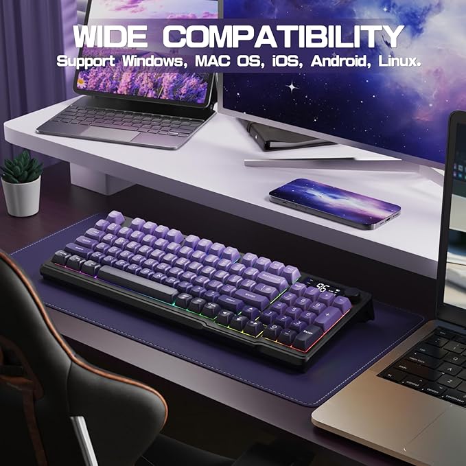 LexonElec M96 Wireless Keyboard, Low Profile Quiet Typing Membrane Gaming Keyboard with Smart Display & Knob, RGB Backlit, USB C Rechargeable, 94 Keys PBT Keycap for Windows PC,Mac,Linux-Grape Purple
