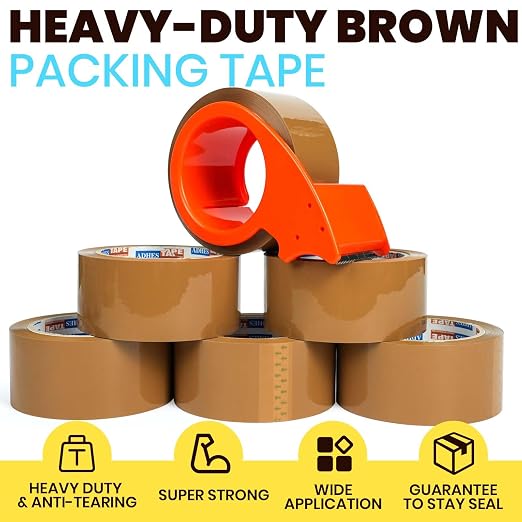 ADHES Brown Packing Tape with Dispenser, 1.88 Inch x 55 Yards | 6 Rolls Heavy Duty Shipping Tape for Moving Boxes, Packaging and Storage, Strong Adhesive
