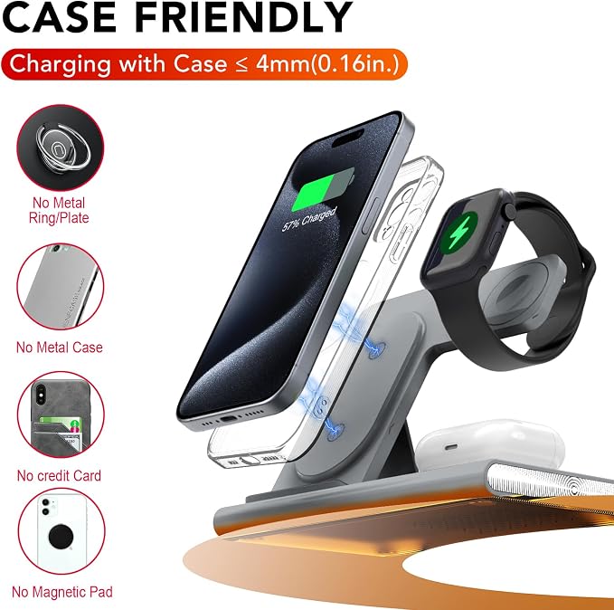 3 in 1 Foldable Wireless Fast Charging Station for Apple Multiple Devices | iPhone Charging Station for iPhone 17, Travel iWatch Charger Stand, Light Nightstand Charging Dock for Apple Watch/Airpods