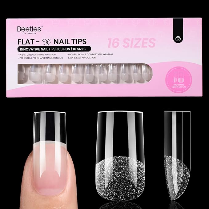 Beetles Gel Nail Tips Flat-X - Square Medium, 160pcs 16 Sizes, Pre-Etched Half Matte Full Cover Soft Acrylic False Nail Tips Clear Press on Easy DIY Extension Salon for Flat & Natural Nail Beds