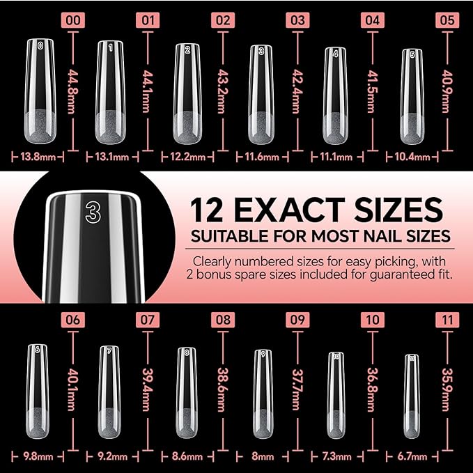 XXL No C Curve Square Flat Nail Tips, 240pcs Extra Long Straight Tapered Acrylic Gel Fake Nails, Matte Full Cover Clear Press on for Extension Manicure Home DIY 12 Sizes Gelly Tips