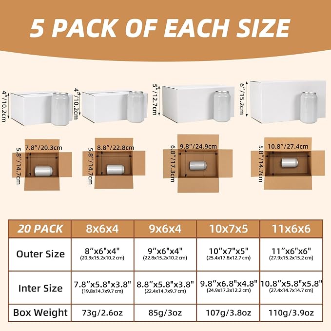 20 Pack 8x6x4, 9x6x4, 10x7x5, 11x6x6 Assorted Sizes Shipping Boxes for Small Business, Each Size 5 Pack, White Corrugated Cardboard Small Box for Packaging, Moving, Mailing, and Storing