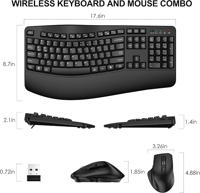 Wireless Keyboard and Mouse Combo, 2.4G Ergonomic Wave Keys(Black) | Full Size Wave Keyboard with Wrist Rest, 3-Level DPI Adjustable Ergonomic Mouse for Windows and Mac OS Desktop/Laptop/PC