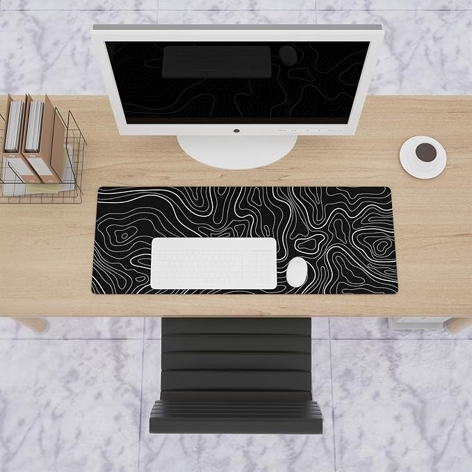 Ovenbird Large Gaming Mouse Pad with Stitched Edges, Topographic Map Topo Mousepad Gaming, Extended XL Large Mousepad with Anti-Slip Base, Cool Mouse Pads for Desk, 31.5 x 11.8 in, Black