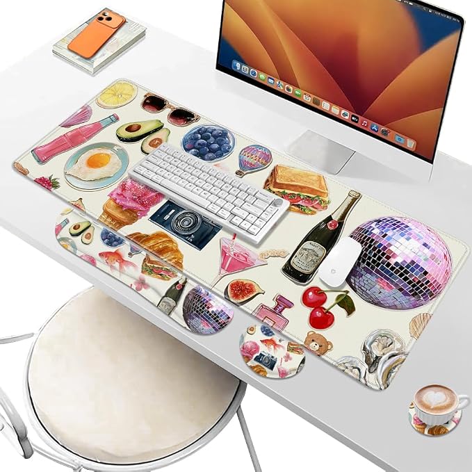Desk Pad and Keyboard Wrist Rest, Large Mouse Pad + Keyboard Pad+Mouse Wrist Support, Non-Slip Desk Mat Protector for Office, Home 31.5×11.8 Inches Pink Girly