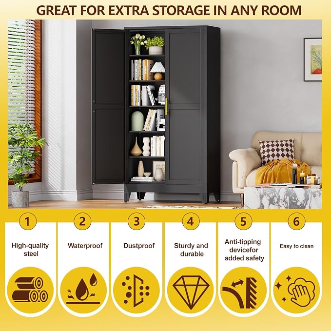 PAOFIN Metal 79“ Kitchen Pantry Cabinet, Pantry Storage Cabinet with Doors and 5 Adjustable Shelves, Freestanding Cupboard Kitchen Cabinet,Tall Cabinet for Living room,Pantry, Bathroom,Kitchen (Black)