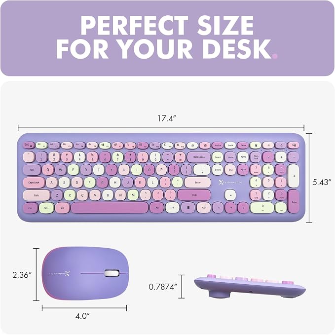 X9 Retro Wireless Keyboard and Mouse Combo - 2.4G Colorful Purple Keyboard and Mouse Wireless - Cute and Aesthetic Typewriter Combo for PC Computer Desktop and Laptop - Full Size