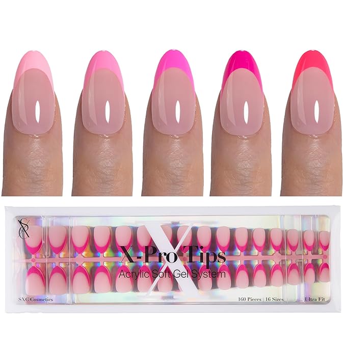 SXC Cosmetics French Tip Press On Nails 150 Pieces in 15 Sizes Ultra Fit with Pre-applied Tip Primer and Base Coat, No Need to File Fake Nails for Nail Art DIY X-Pro Tips (5PINK114-S Almond)