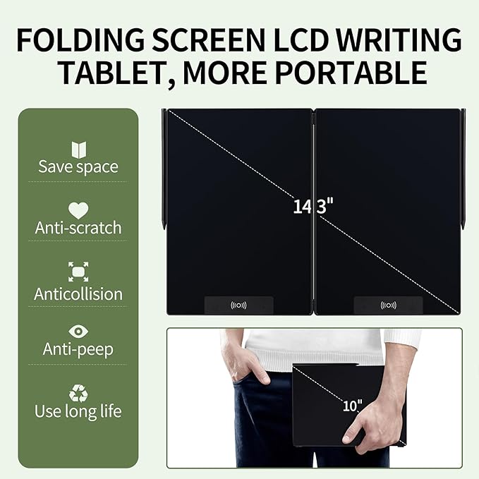 LCD Writing Tablet for Adults: 14.3 Inch Fold Full Screen Drawing Tablet Reusable Erasable Digital Notepad for Gift Birthday