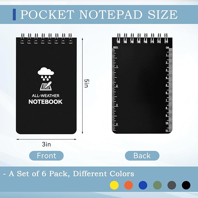 6 Pack Waterproof Notebook, 3 x 5 Pocket Notepad, Top-Spiral Weatherproof NotePad, All Weather Police Pocket Notebook Little Memo Steno Note Pads for Outdoor Office School Recording