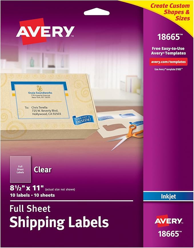 Avery Full Sheet Printable Shipping Labels, 8.5" x 11", Matte Clear, 10 Blank Mailing Labels (18665)
