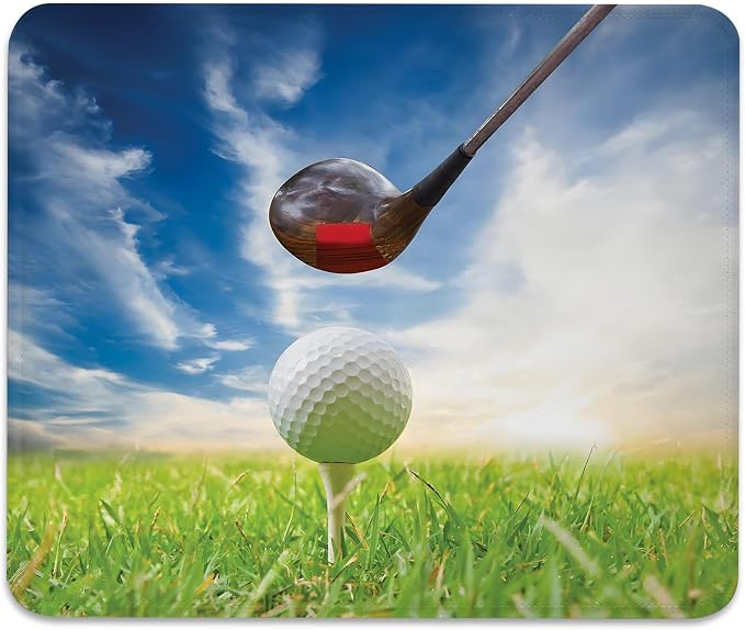 Golf Club Themed Macro Photography Print Mouse Pad, Sports Desk Mat | Golf of Lofter and Ball on Tee, Cute Mousepad Stitched, Anti-Slip Base Smooth Surface, 9.5 x 7.9 Inches