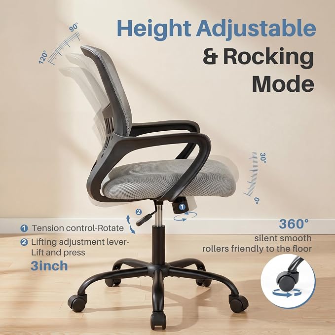 DUMOS Home Office Chair, Ergonomic Lumbar Support Desk Chair | Mid Back Mesh, Height Adjustable Fixed Armrest, Rocking Mode 360 Swivel, Conference Computer, Grey
